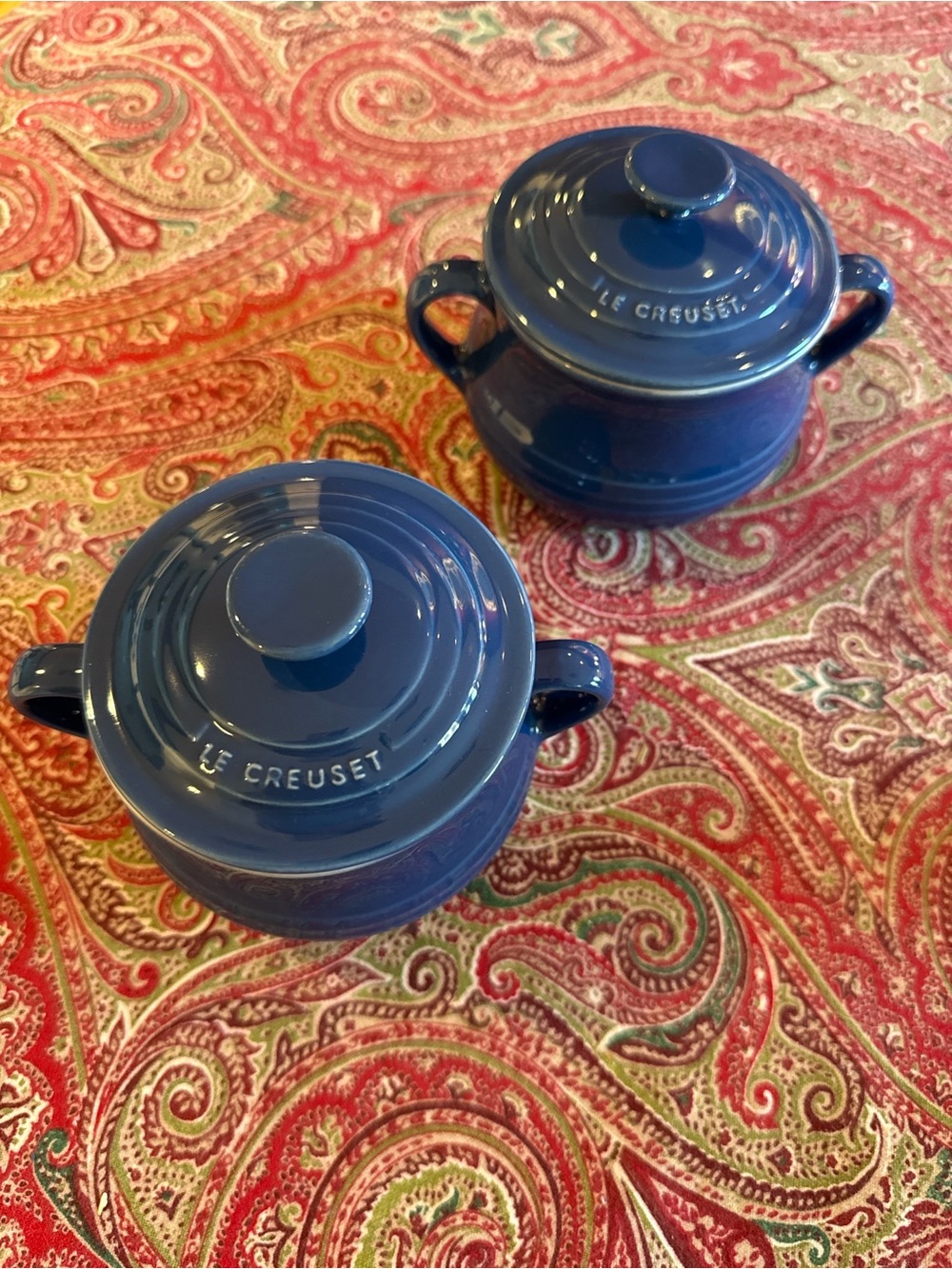 Le Creuset Mini Cocotte Set of 2 Blue Stoneware Lidded Bowls Ramekins